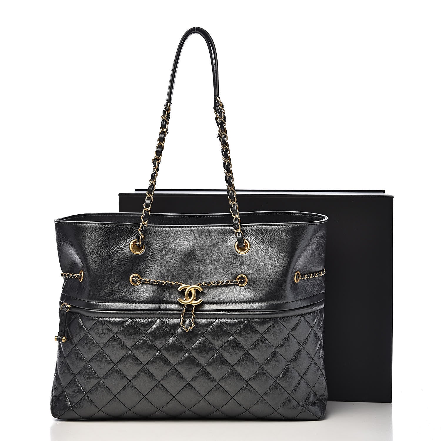 Chanel Aged Calfskin Quilted Drawstring Shopping Tote Black 13 of 13