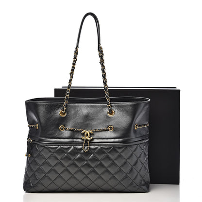 Chanel Aged Calfskin Quilted Drawstring Shopping Tote Black 13 of 13