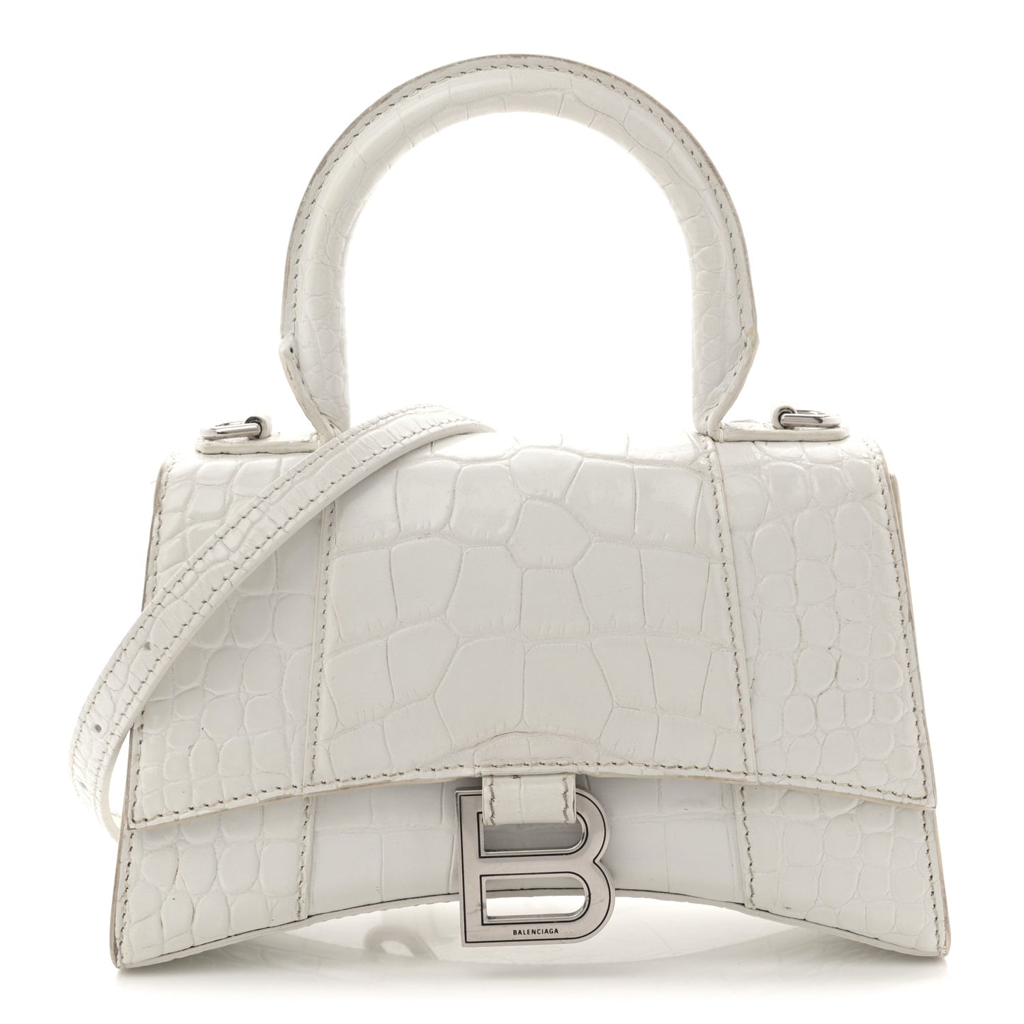 Shiny Calfskin Crocodile Embossed Hourglass Top Handle Bag XS White
