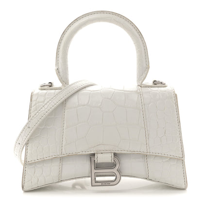 Balenciaga Shiny Calfskin Crocodile Embossed Hourglass Top Handle Bag XS White 1 of 14