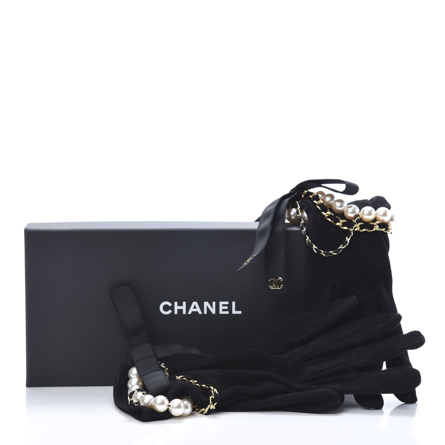 Chanel Suede Lambskin Pearl Grosgrain Gloves 7.5 Black 5 of 5