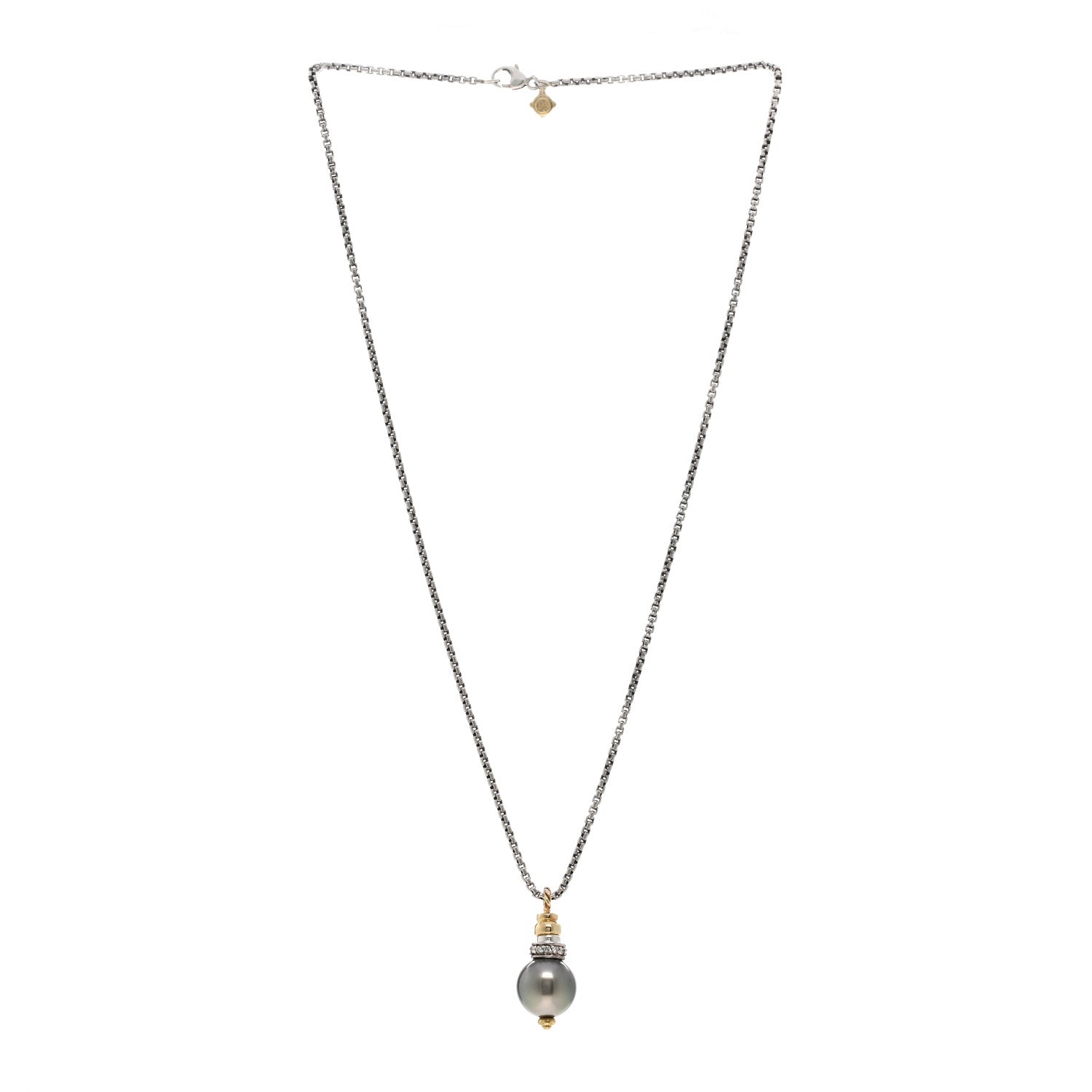 David Yurman Sterling Silver 18K Yellow Gold Diamond Tahitian Pearl Pendant Necklace 3 of 4