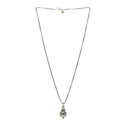 David Yurman Sterling Silver 18K Yellow Gold Diamond Tahitian Pearl Pendant Necklace 3 of 4