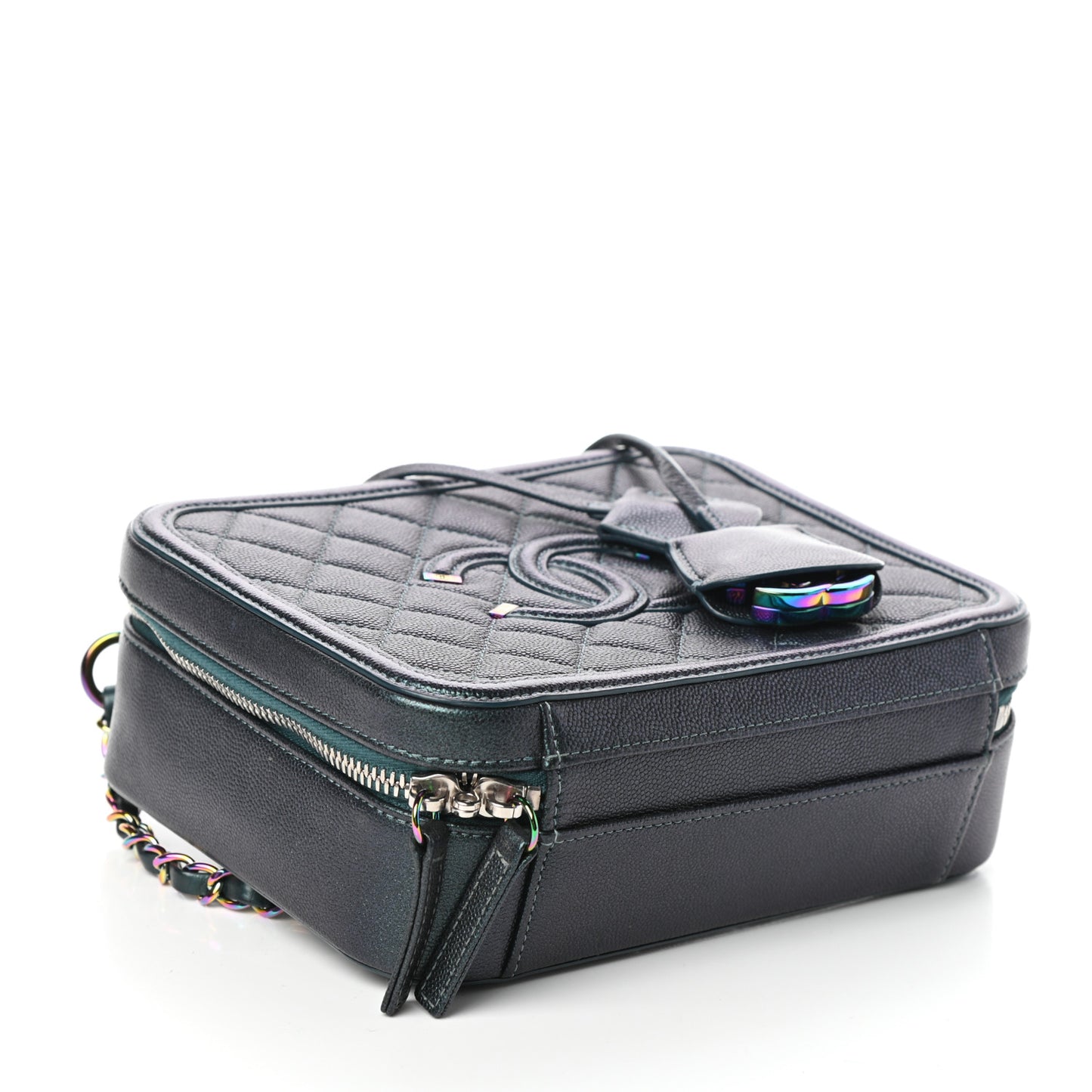 Iridescent Caviar Quilted Medium CC Filigree Vanity Case Dark Turquoise