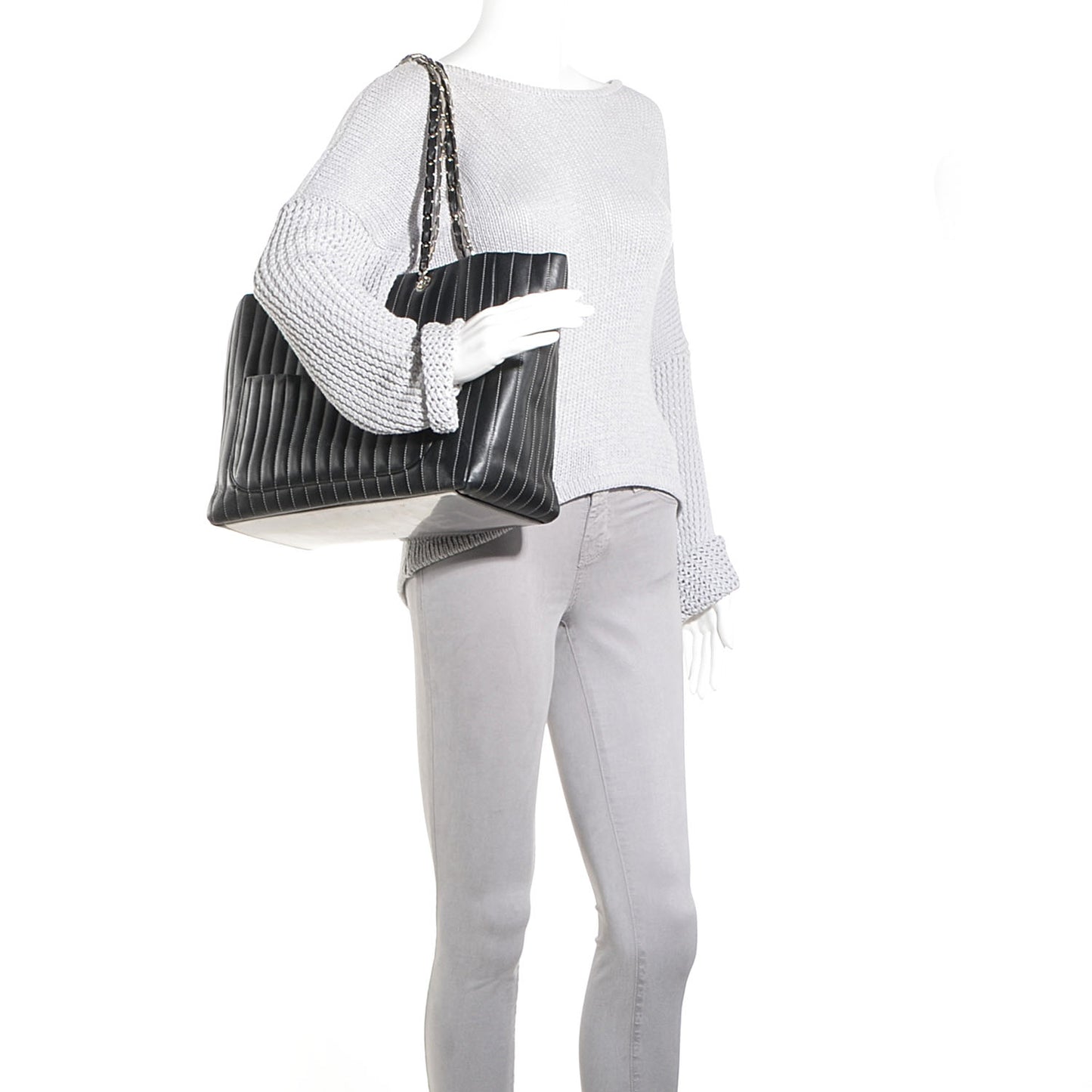 Lambskin Vertical Quilted Large Mademoiselle Tote Black