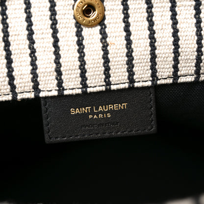 Saint Laurent Linen Calfskin Striped Rive Gauche Bucket Bag Grey Cream Black 7 of 11
