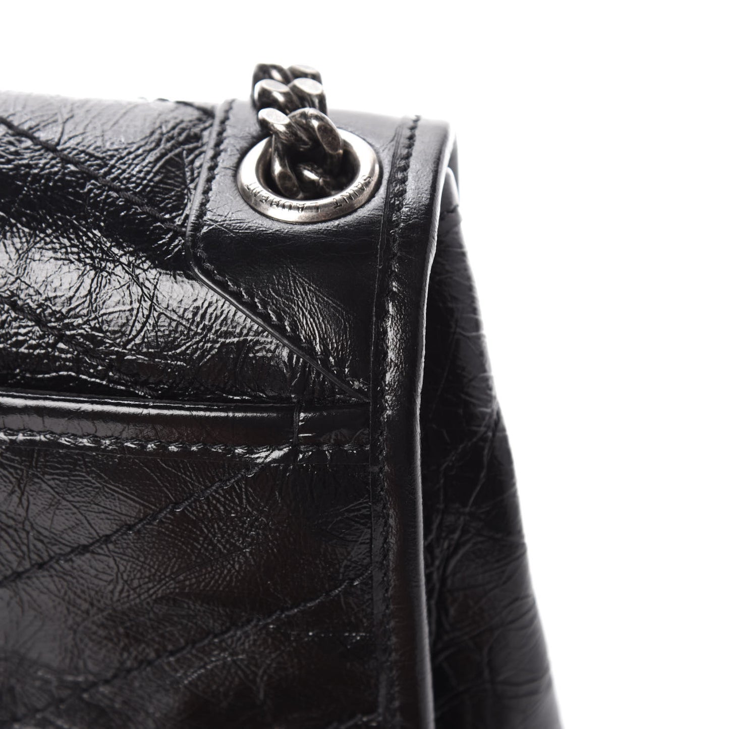 Crinkled Calfskin Matelasse Monogram Medium Niki Chain Satchel Black