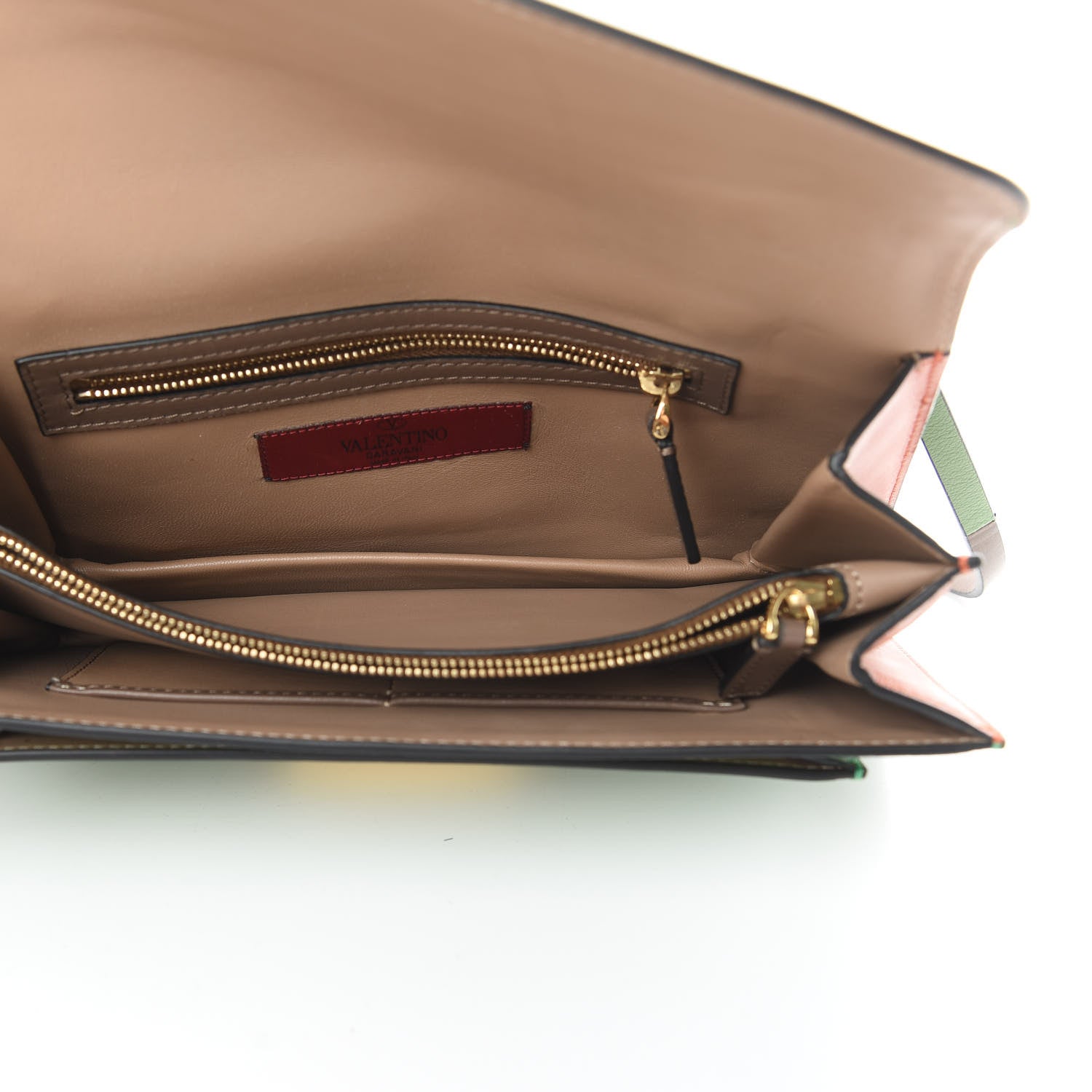Valentino Garavani Calfskin Rivet Colorblock Double Handle Shoulder Bag Brown Green 5 of 19