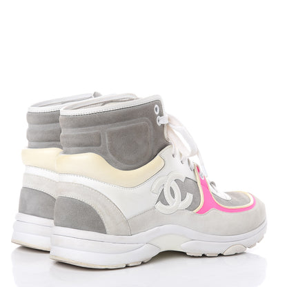 Chanel Suede Calfskin Lambskin Neoprene High Top CC Sneakers 37 White Grey Fluo Pink 4 of 11