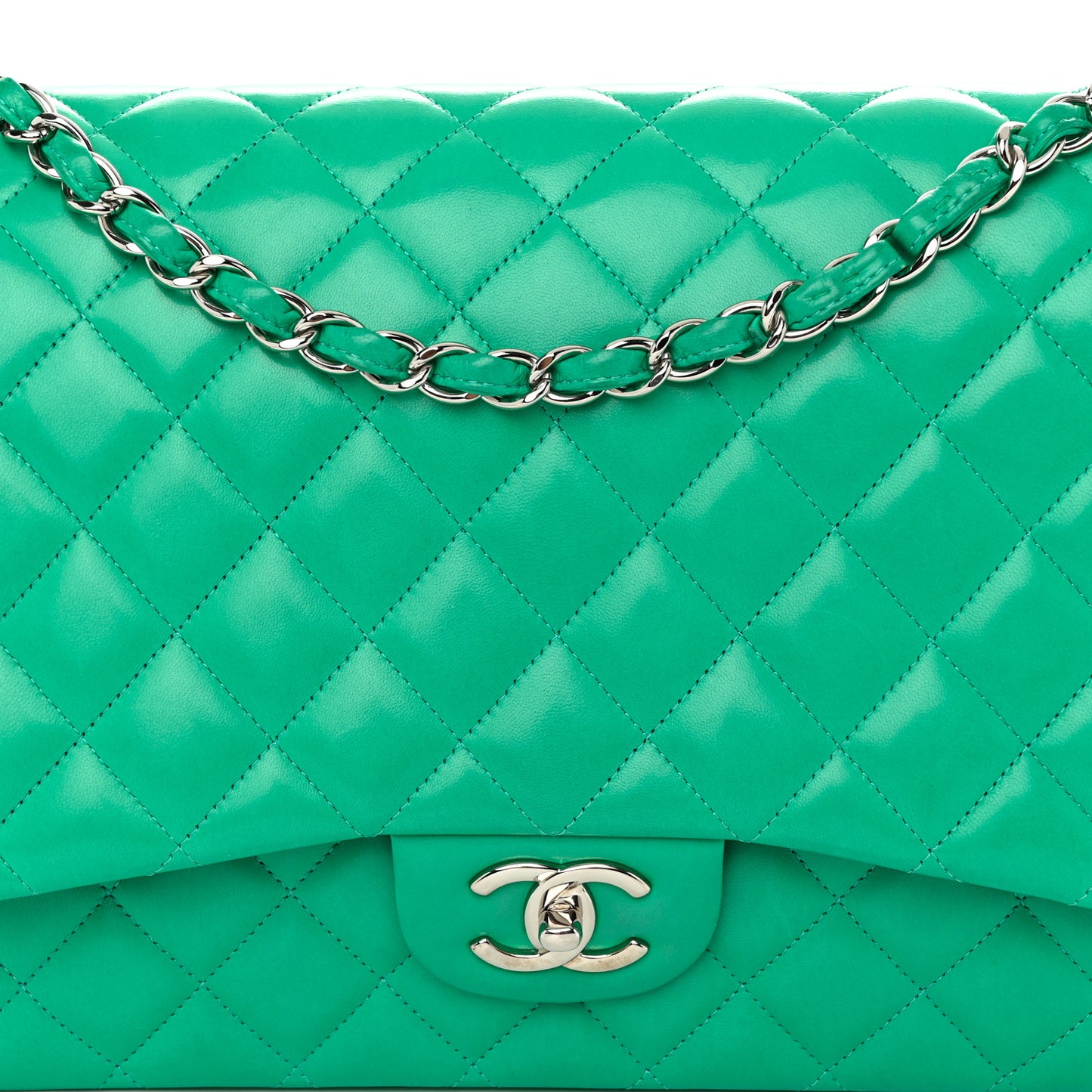 Lambskin Quilted Maxi Double Flap Green