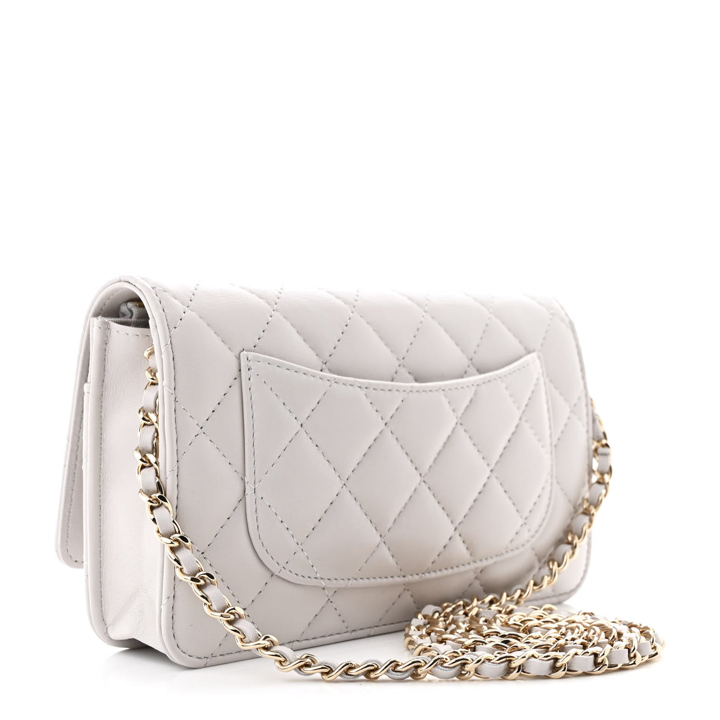 Lambskin Quilted Crystal CC Wallet On Chain WOC Grey