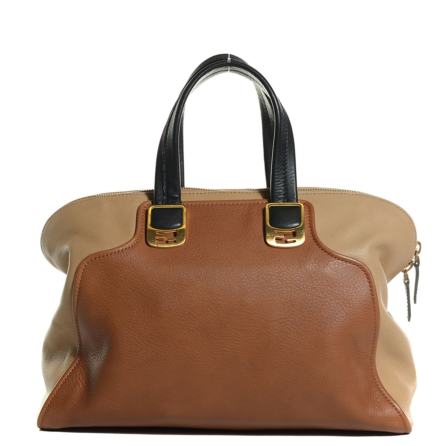 Fendi Calfskin Large Chameleon Tote Cognac Camel Black 1 of 12