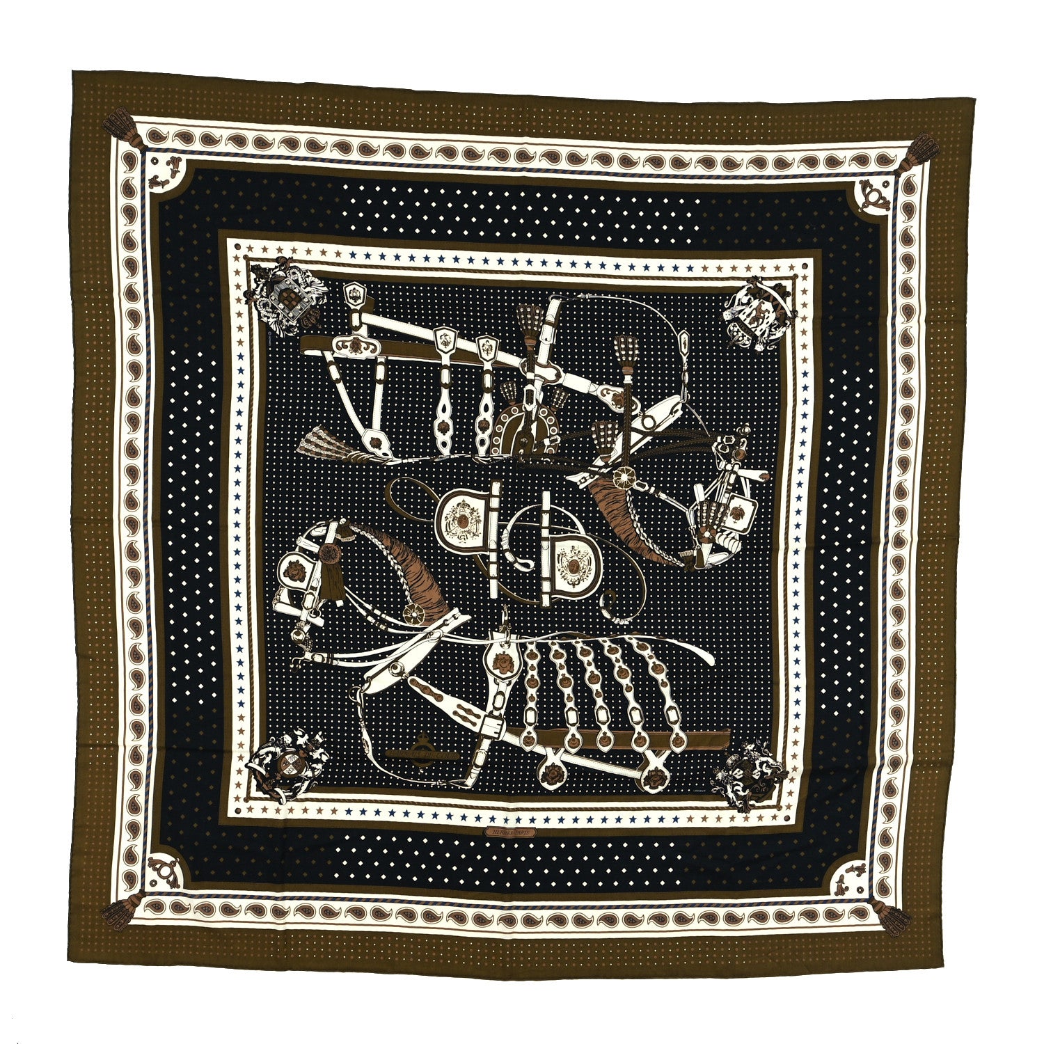 Hermes Silk Harnais De Cour Bandana Shawl 140 Bronze Black White 1 of 3
