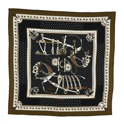 Hermes Silk Harnais De Cour Bandana Shawl 140 Bronze Black White 1 of 3