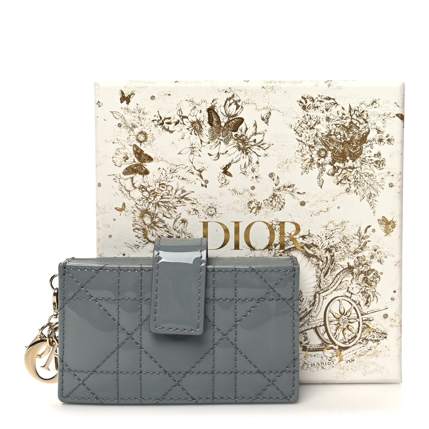Christian Dior Patent Cannage Lady Dior 5 Gusset Card Holder Grey