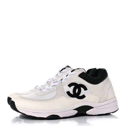 Chanel Mesh Suede Calfskin Grained Calfskin Womens CC Sneakers 39 White Black 3 of 8