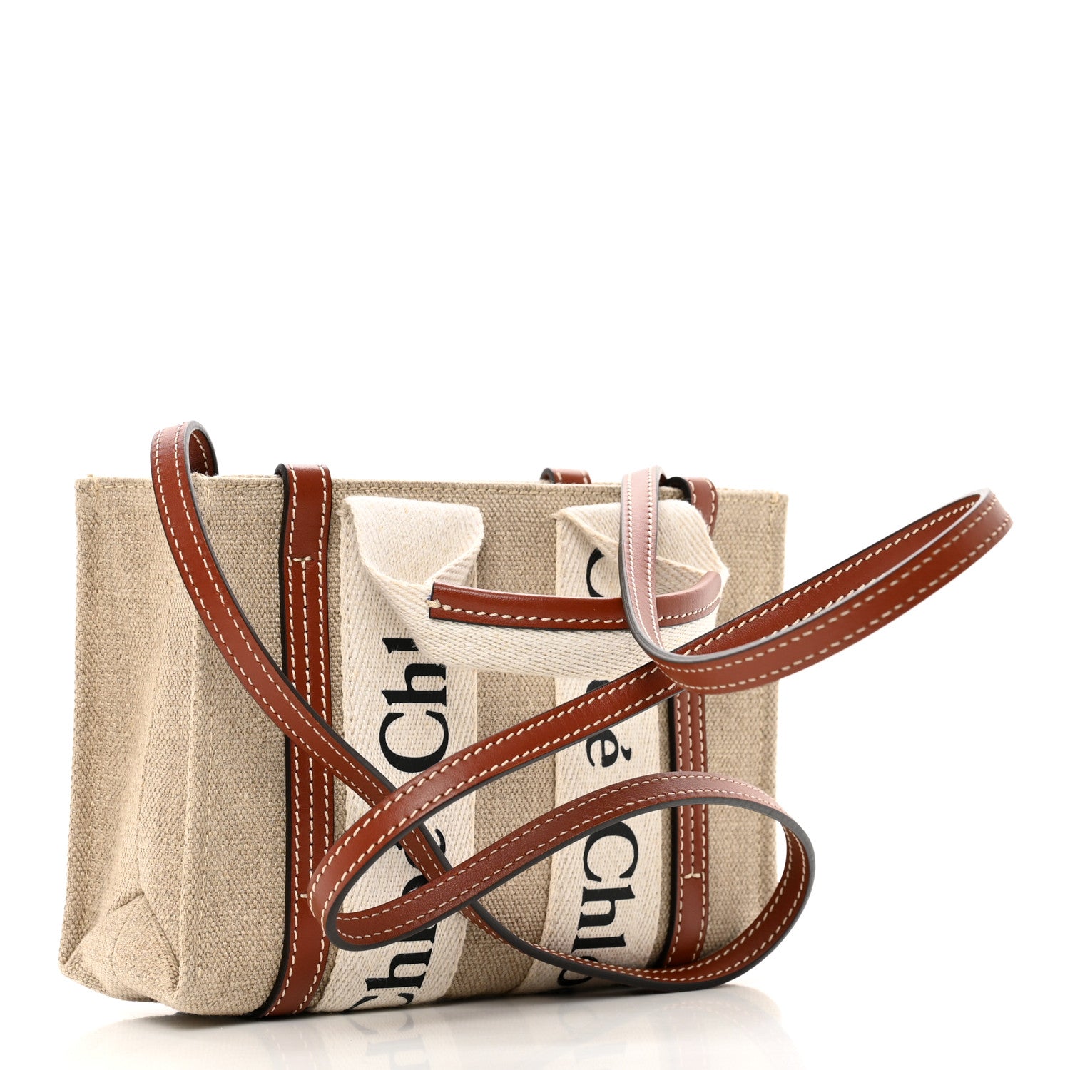 Chloe Cotton Calfskin Mini Woody Ribbon Tote White Brown 3 of 9