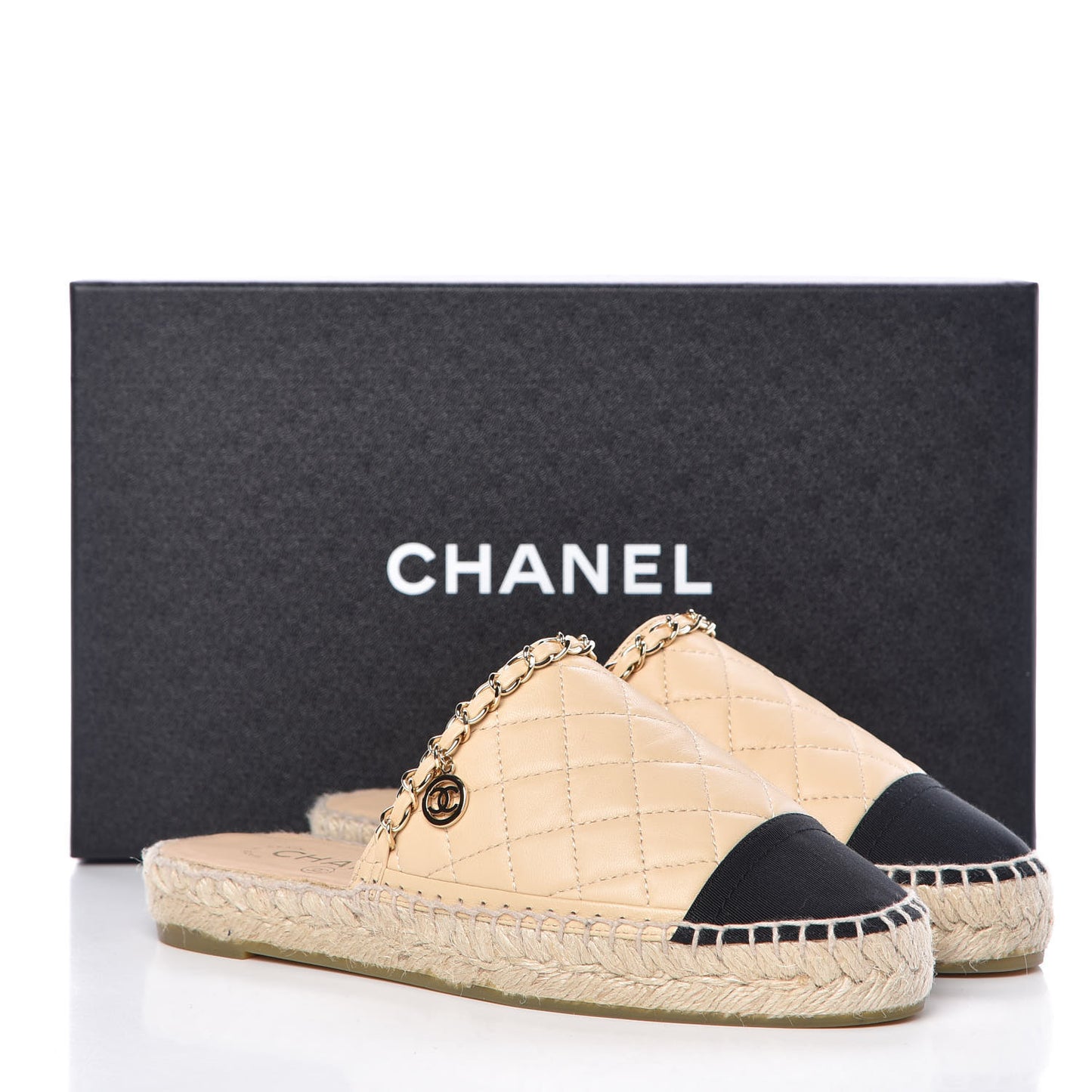 Lambskin Grosgrain Quilted CC Chain Espadrille Mules 35 Beige Black