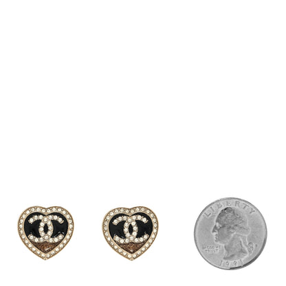 Chanel Crystal CC Heart Stud Earrings Gold Black 2 of 4