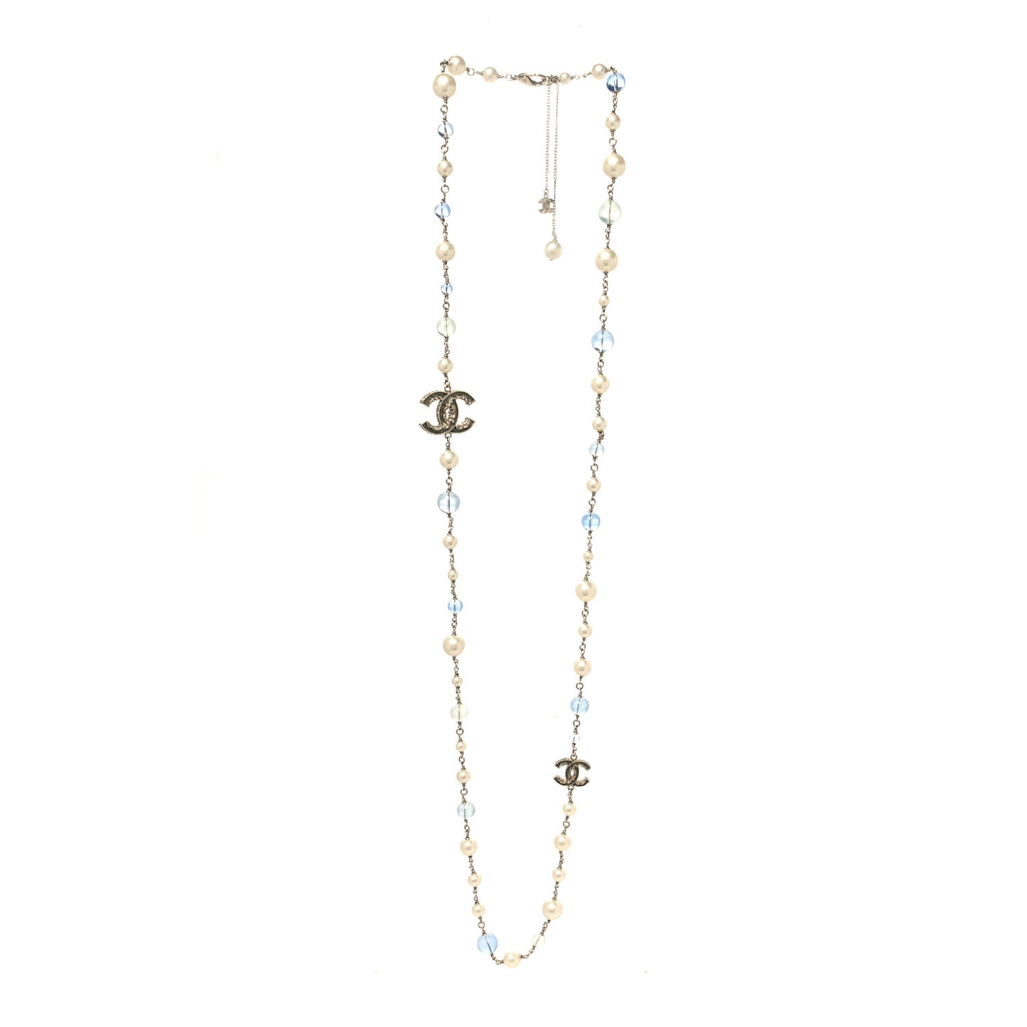 Pearl Beaded CC Long Necklace Silver Light Blue