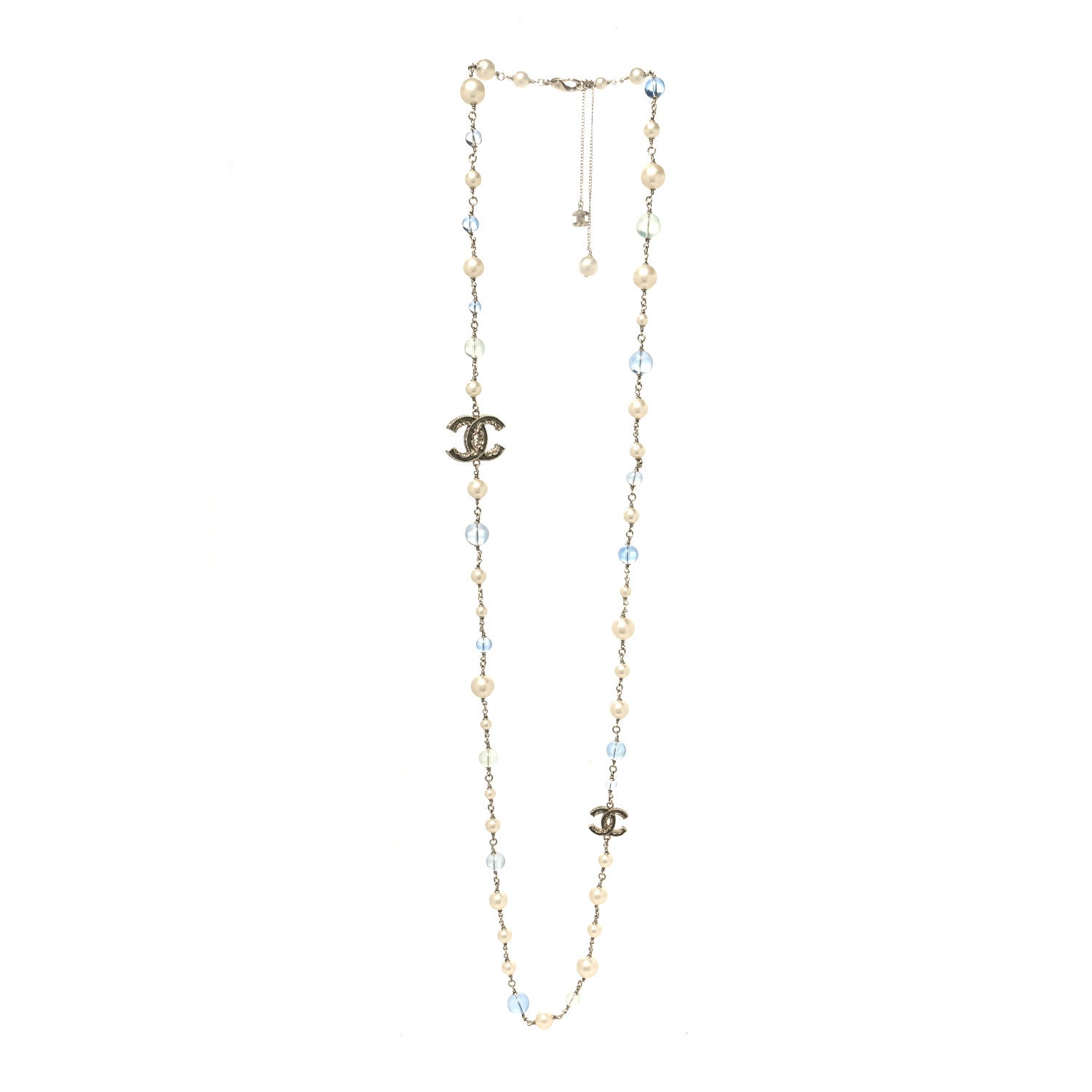 Chanel Pearl Beaded CC Long Necklace Silver Light Blue 3 of 5
