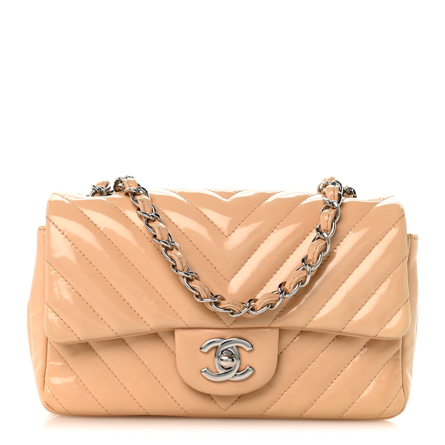 Patent Chevron Quilted Mini Rectangular Flap Beige