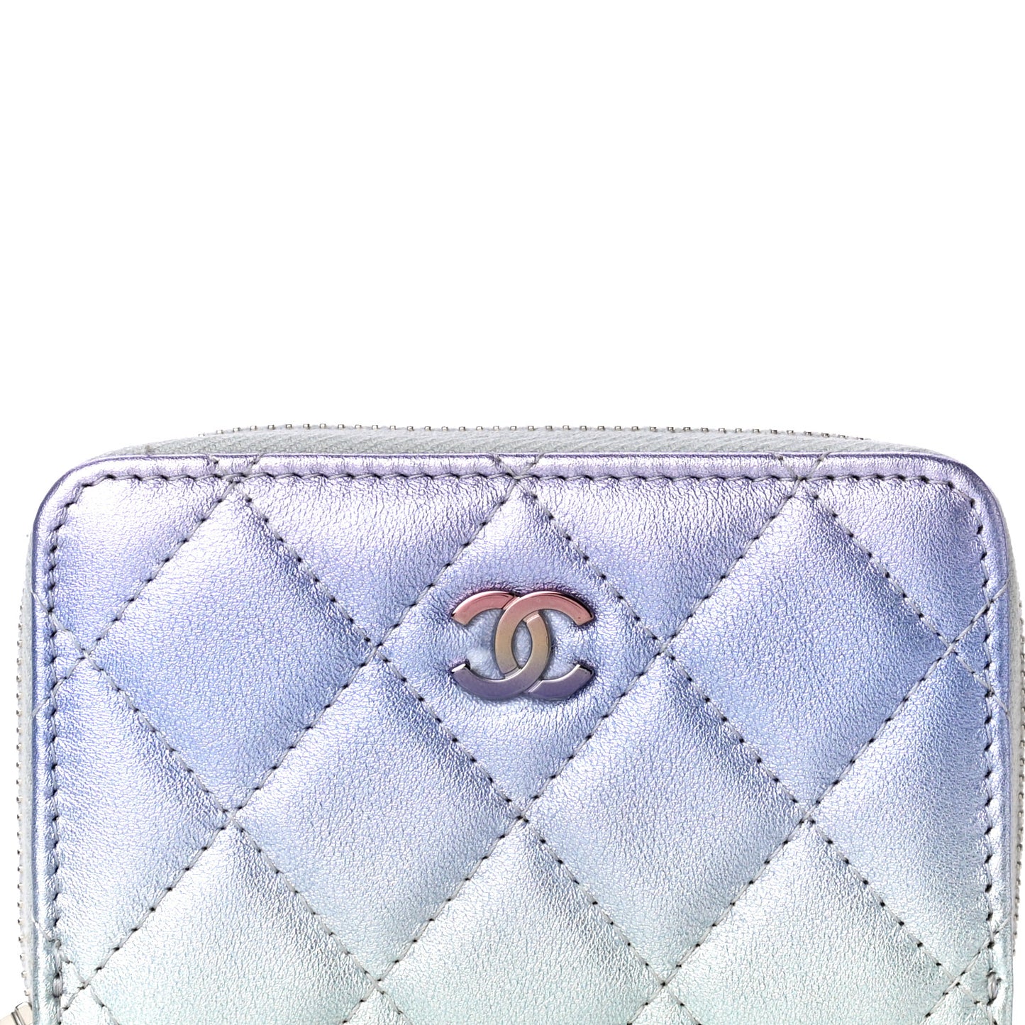 Gradient Metallic Calfskin Quilted Zip Around Coin Purse Wallet Silver Blue Yellow Purple