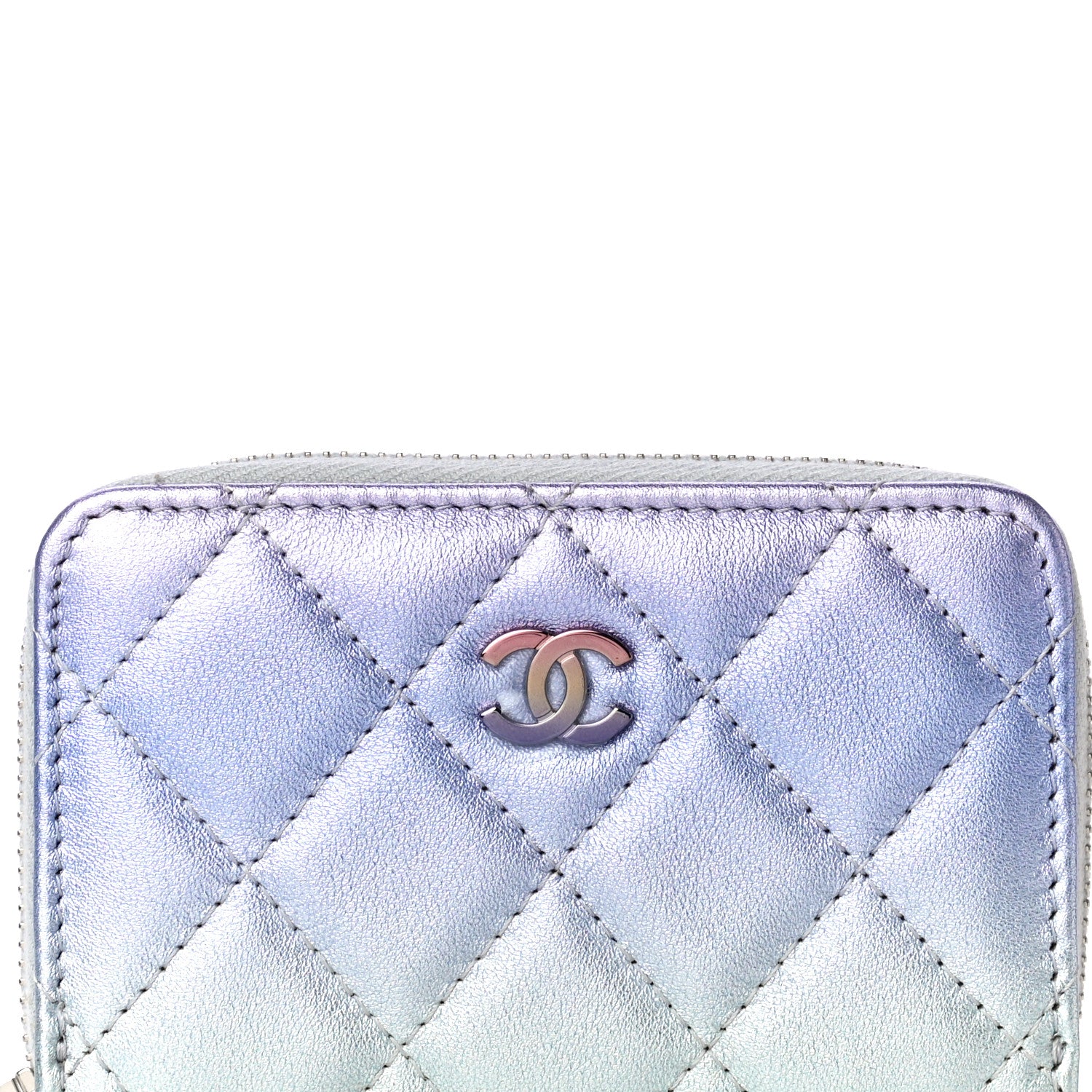 Chanel Gradient Metallic Calfskin Quilted Zip Around Coin Purse Wallet Silver Blue Yellow Purple 8 of 11