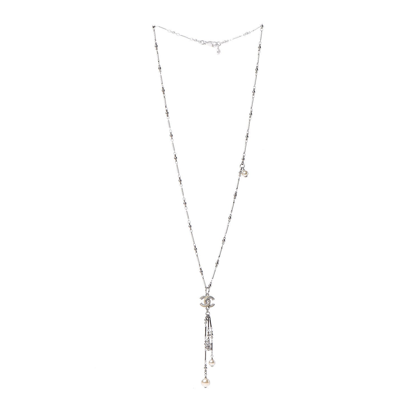 Crystal Pearl CC Beaded Long Necklace Silver