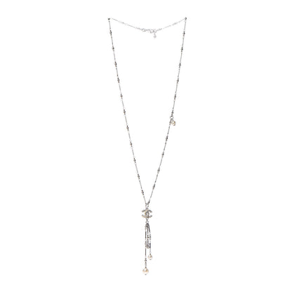 Chanel Crystal Pearl CC Beaded Long Necklace Silver 3 of 7