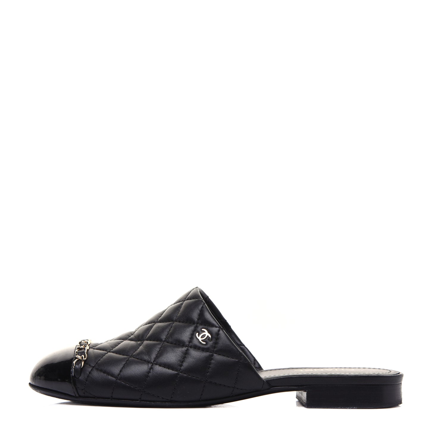 Lambskin Patent Quilted Chain Mules 37.5 Black