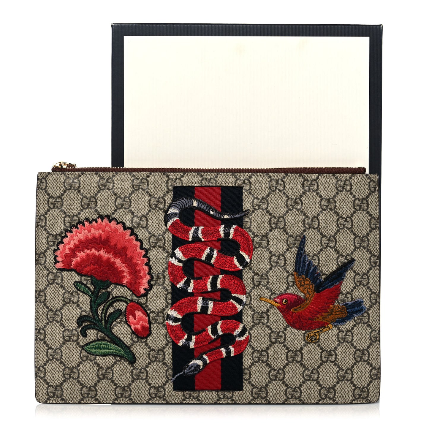 GG Supreme Monogram Web Kingsnake Embroidered Large Zip Pouch Brown