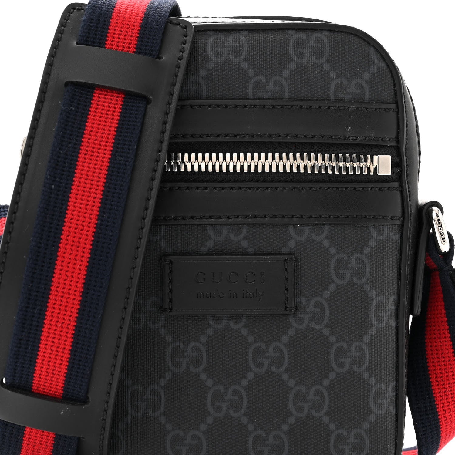 Gucci GG Supreme Monogram Appia Calfskin Web Small Camera Messenger Bag Black Grey 8 of 12