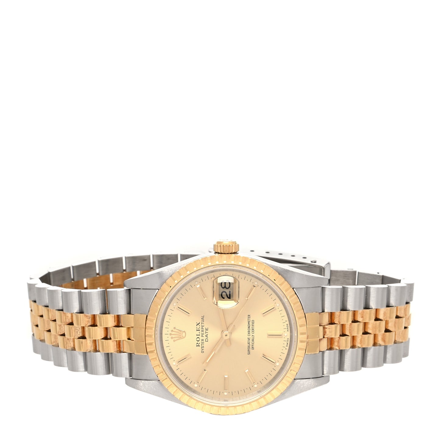 Stainless Steel 18K Yellow Gold 34mm Oyster Perpetual Date Watch Champagne 15223