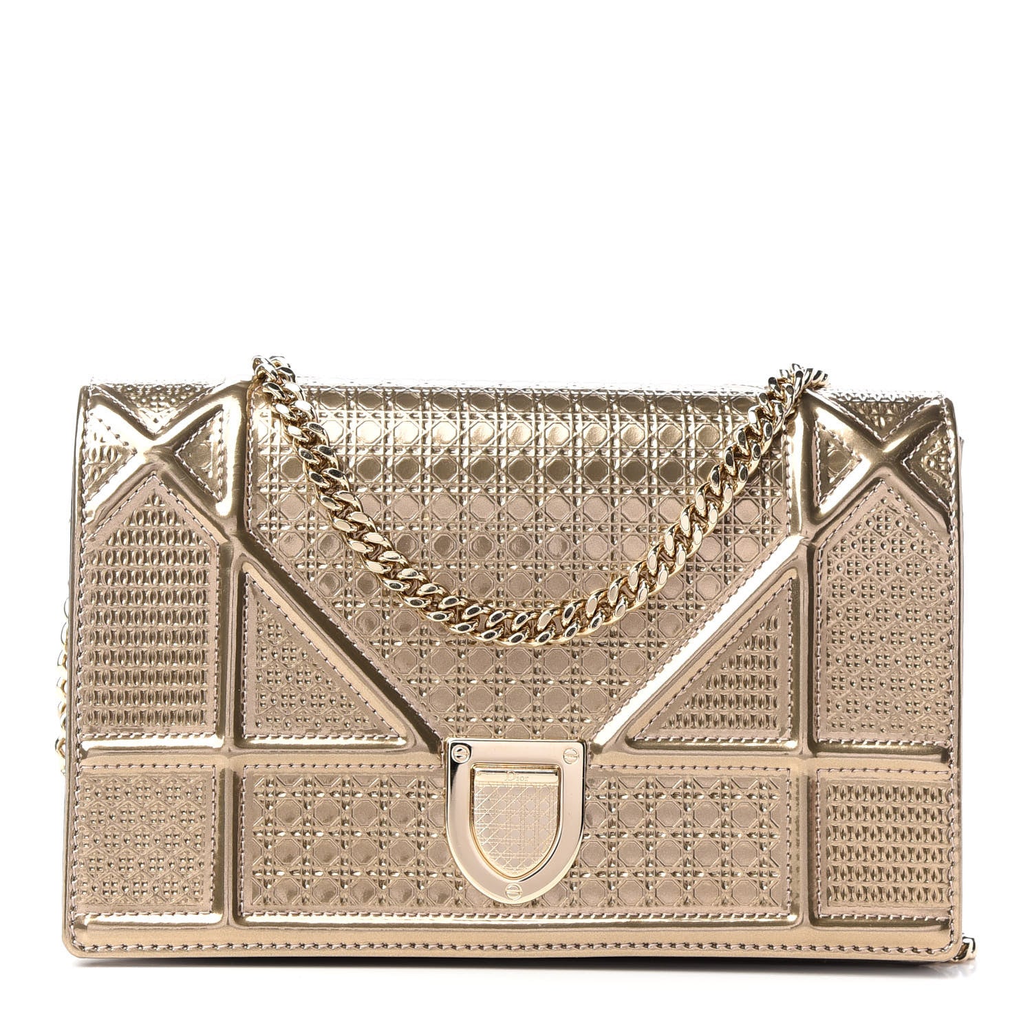 Christian Dior Metallic Patent Micro-Cannage Diorama Wallet on Chain Pouch Gold 1 of 8