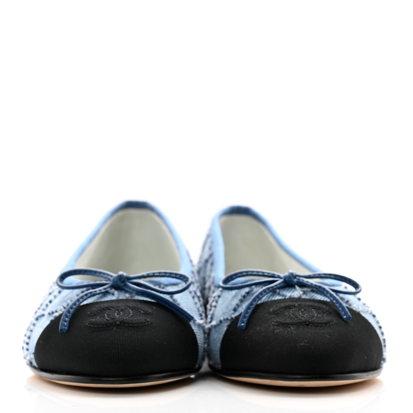 Denim Embroidered Grosgrain CC Cap Toe Ballerina Flats 37 Blue Black