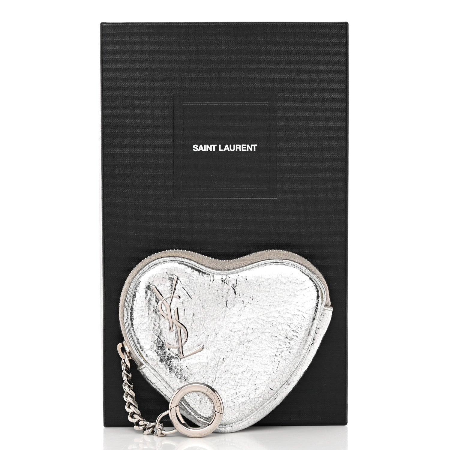 Saint Laurent Metallic Cracked Calfskin Monogram Heart Key Pouch Silver 10 of 10