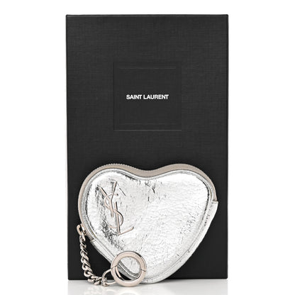 Saint Laurent Metallic Cracked Calfskin Monogram Heart Key Pouch Silver 10 of 10