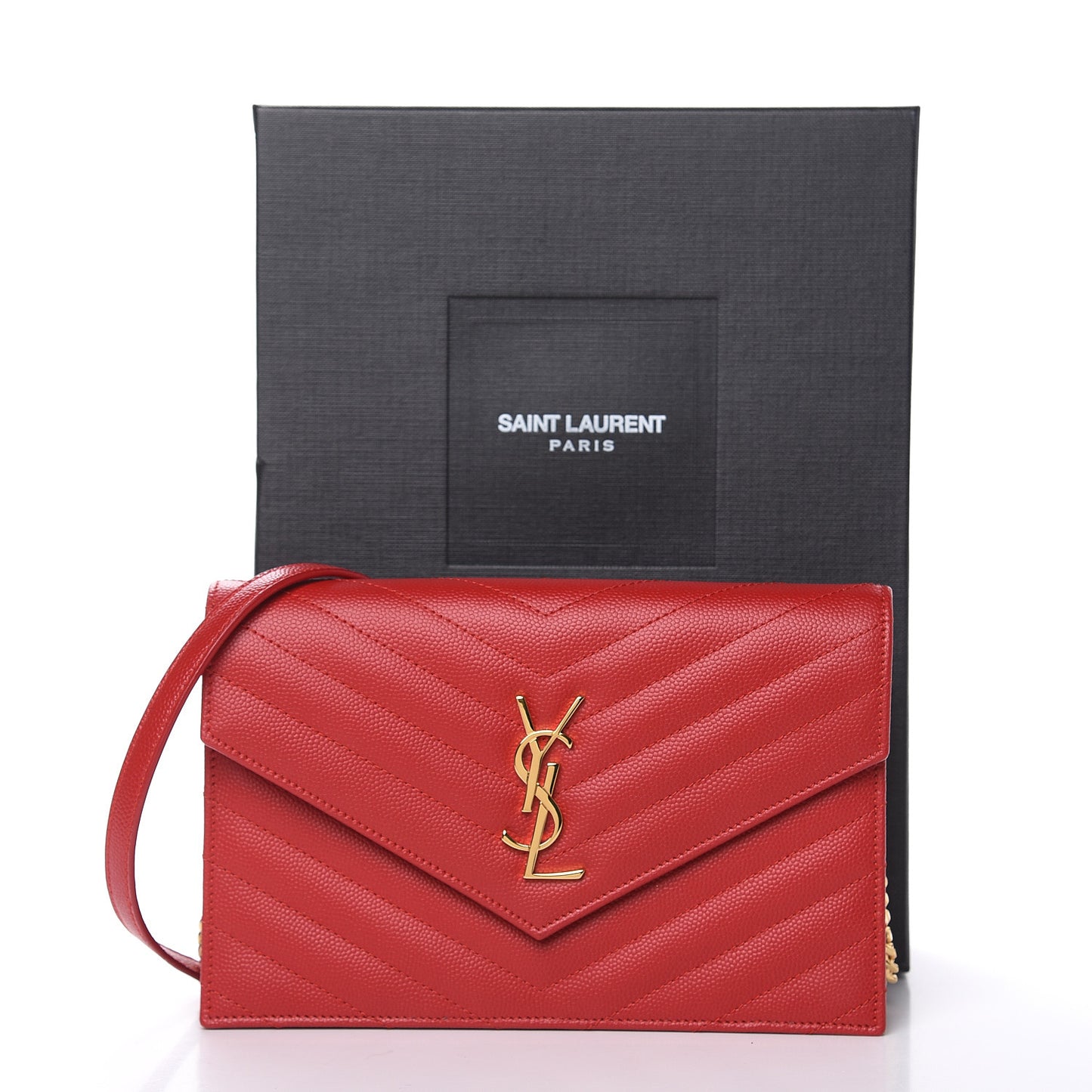 Grain De Poudre Matelasse Chevron Monogram Envelope Chain Wallet New Red