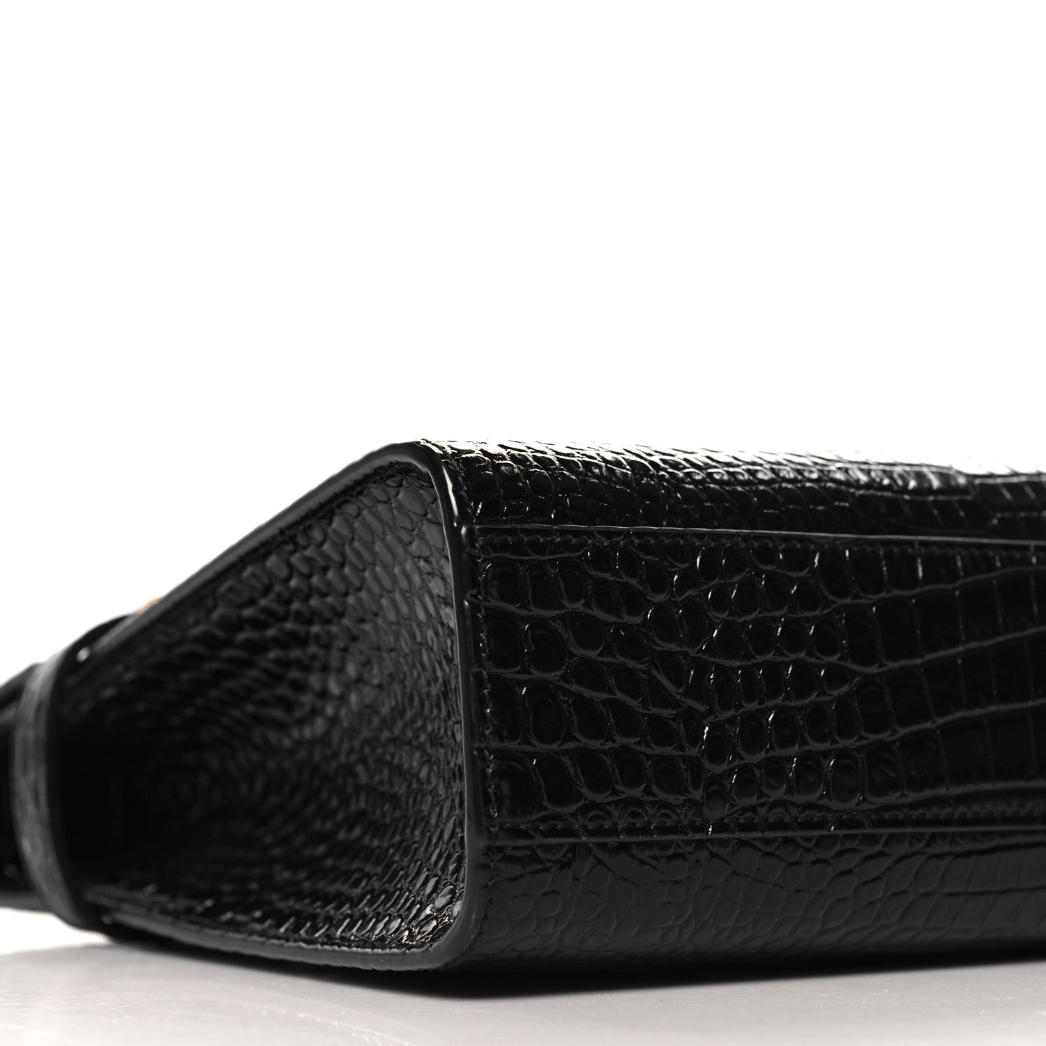 Saint Laurent Shiny Calfskin Crocodile Embossed Manhattan Baguette Black 8 of 12