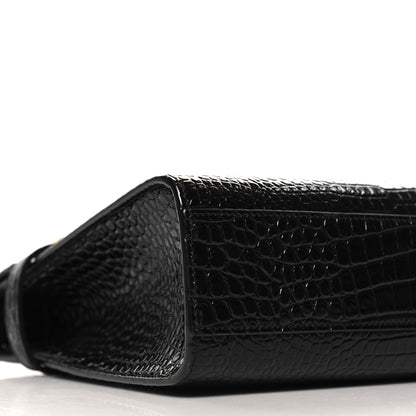 Saint Laurent Shiny Calfskin Crocodile Embossed Manhattan Baguette Black 8 of 12