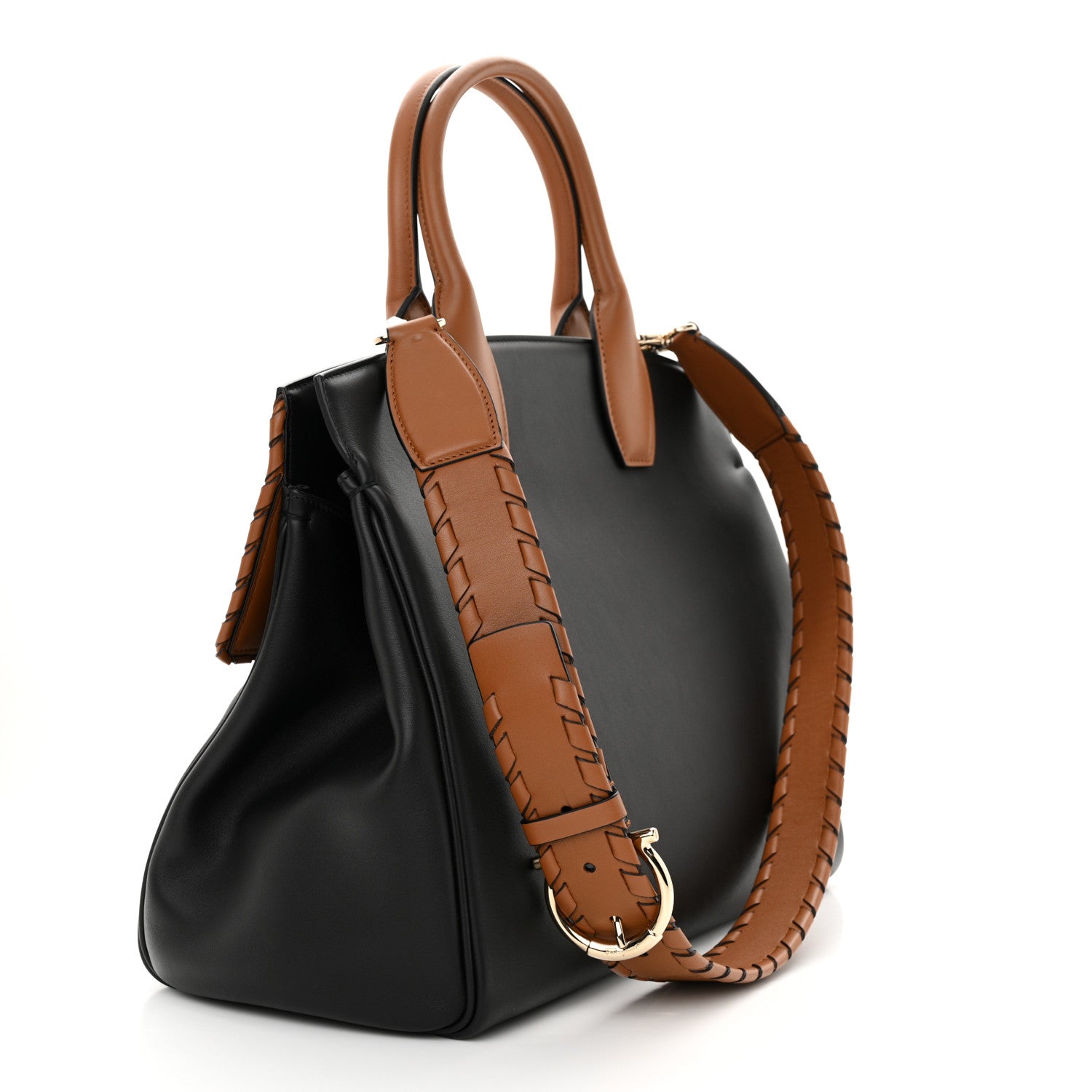 Salvatore Ferragamo Calfskin Woven Large Studio Top Handle Bag Tan Black 3 of 12