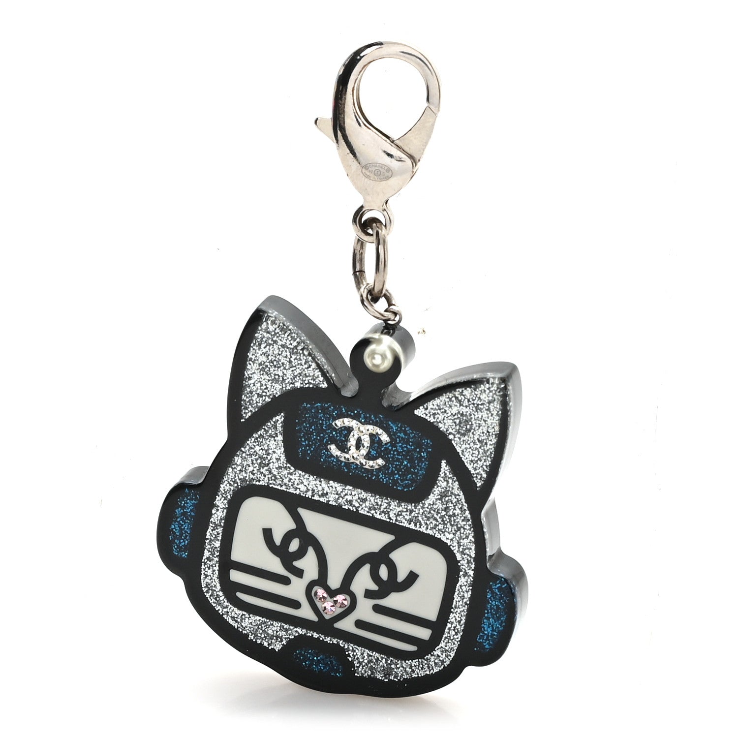 Chanel Resin Crystal Cat Emoji Bag Charm Black Blue Silver 1 of 4