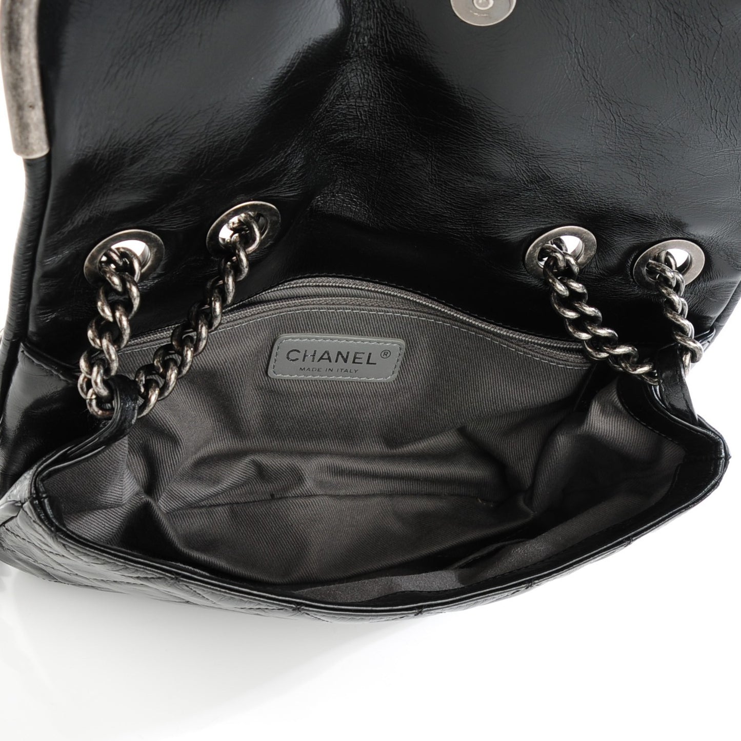 Glazed Calfskin Quilted Flap Black