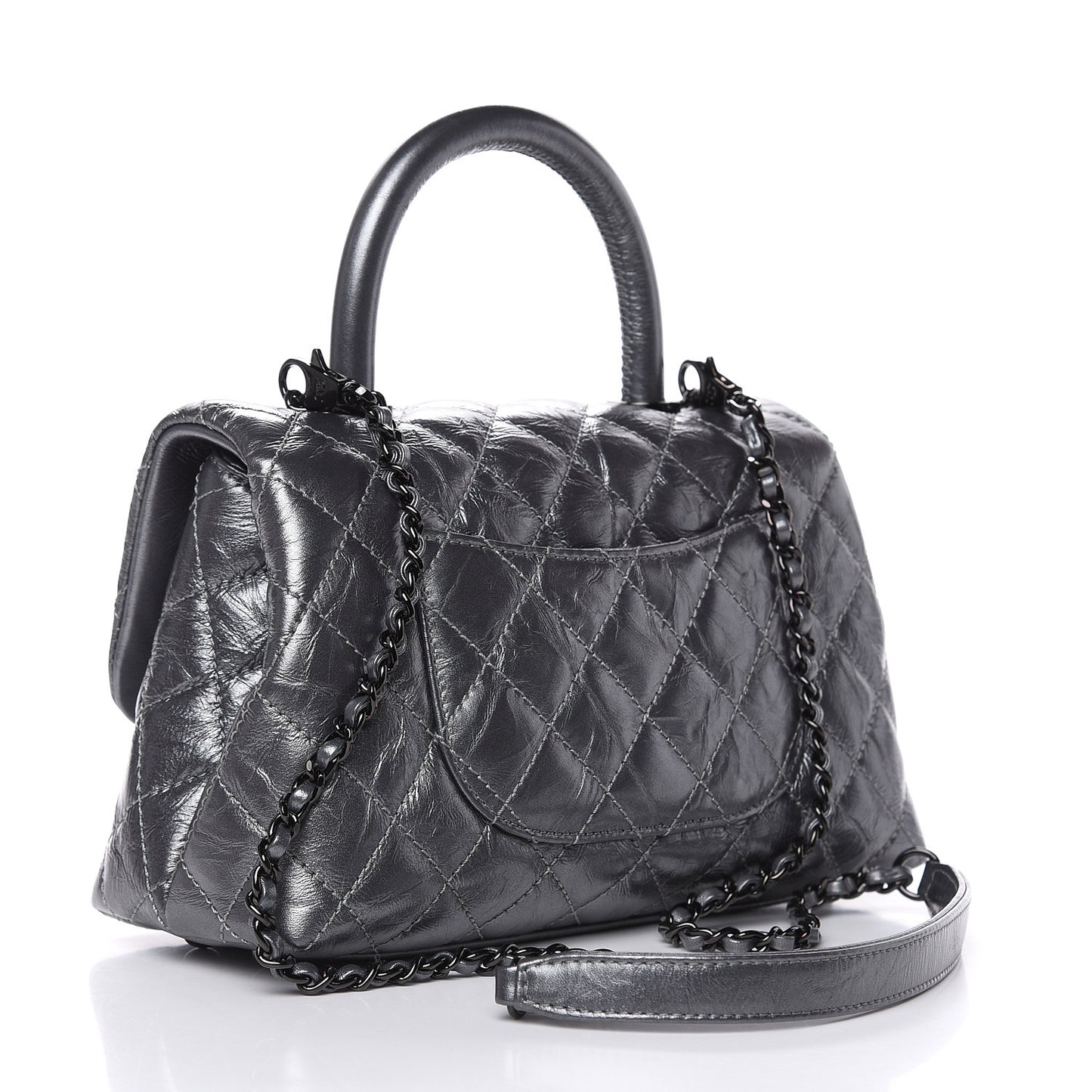 Metallic Aged Calfskin Quilted Mini Coco Handle Flap Charcoal