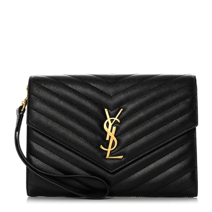 Saint Laurent Grain De Poudre Matelasse Chevron Monogram Envelope Clutch Black 1 of 7
