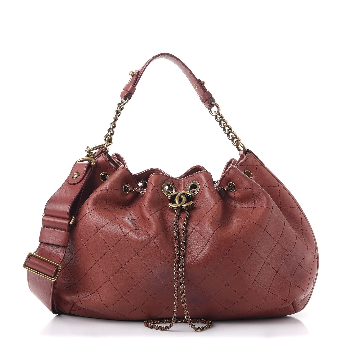 Calfskin Stitched Large Drawstring CC Bag Burgundy