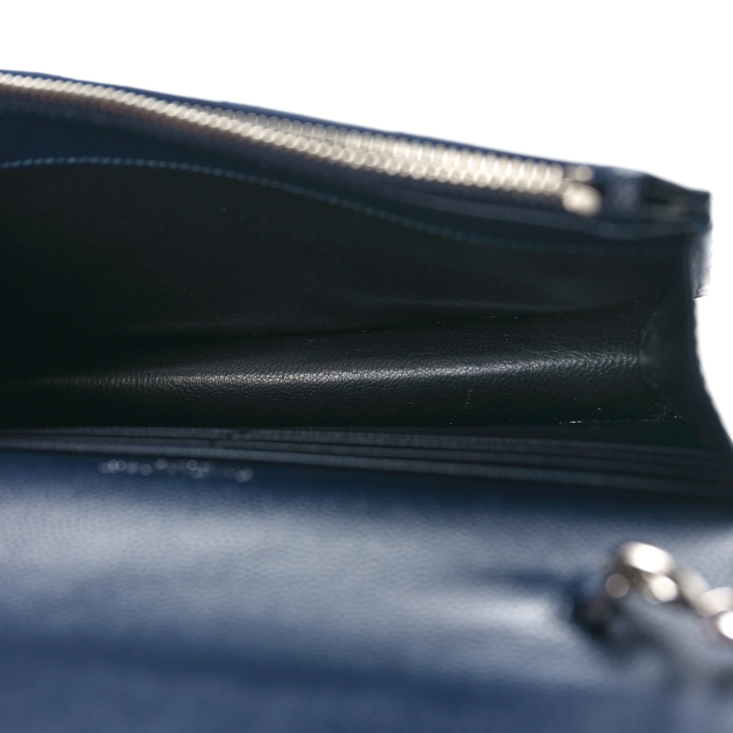 Grain De Poudre Matelasse Chevron Monogram Envelope Chain Wallet Navy