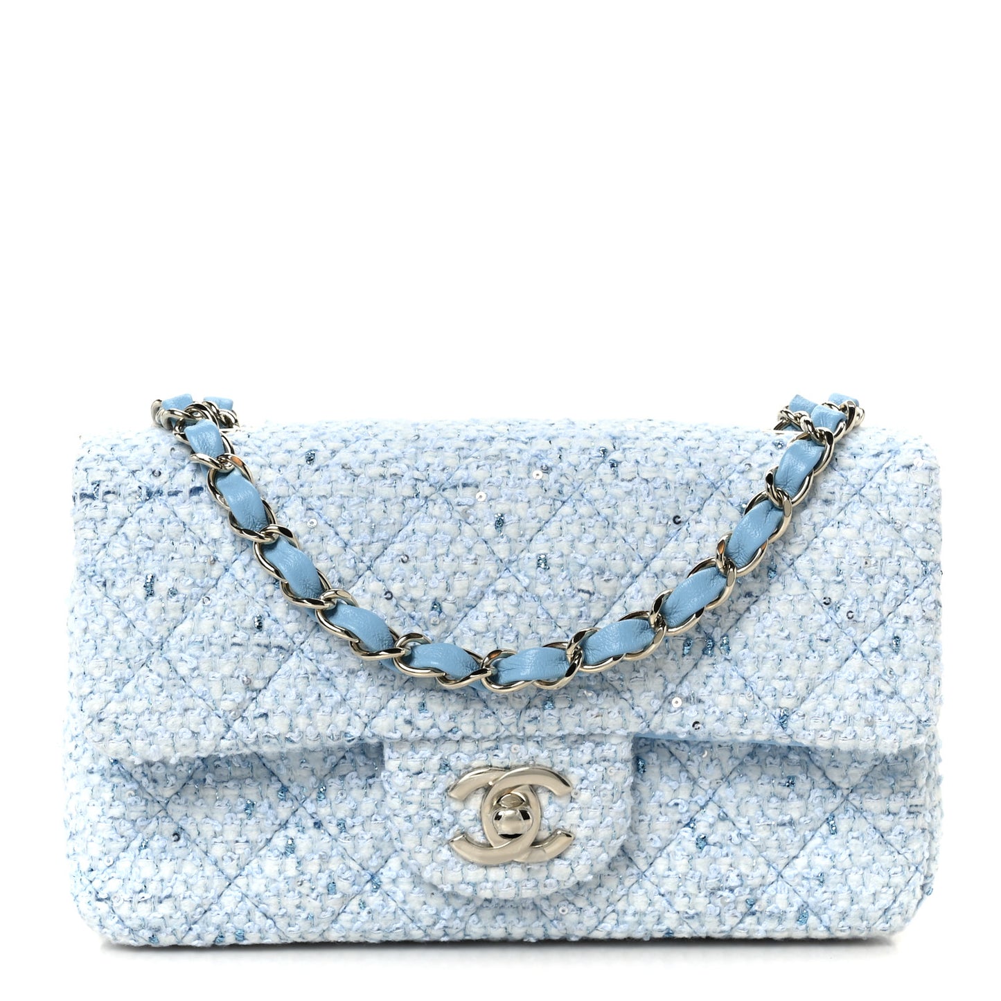 Tweed Quilted Mini Rectangular Flap Blue White Silver