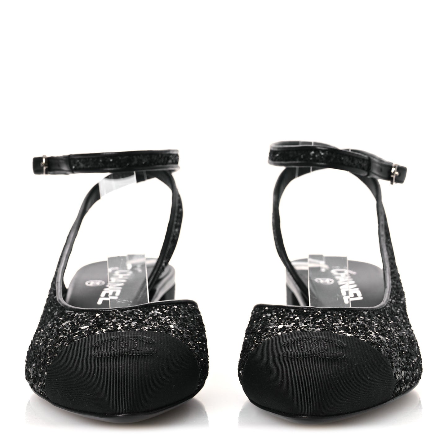 Glitter Grosgrain Cap Toe CC Ankle Wrap Pumps 38 Black